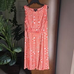 Perceptions Coral and White Polka Dot Sleeveless Midi Dress